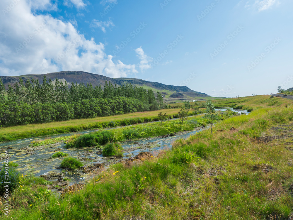 Idyllic landscape of Hveragerdi near Reykjadalur valley with hot springs river, lush green grass meadow and hills. South Iceland. Summer sunny morning, blue sky.