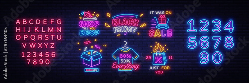 Big set Black Friday Neon Signs. Black Friday Vector illustration discount sale concept in neon style, online shopping and marketing concept. Luminous signboard. Editing text neon sign