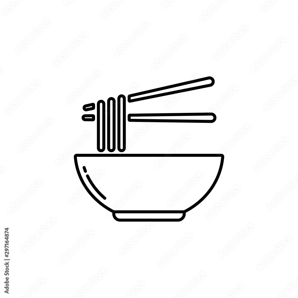 Noodles bowl black line vector icon. Flat black line vector icon for portion noodles with two chopsticks on white background. Noodles bowl black line vector icon. Flat black line vector icon for portion noodles with two chopsticks on white background.