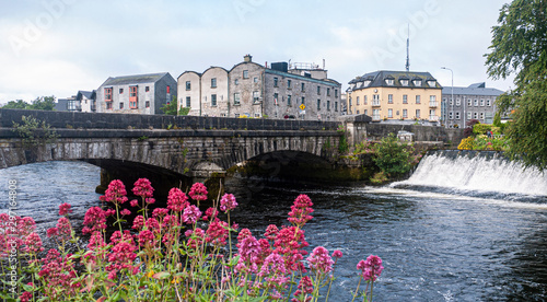Beautiful view of the River Corrib flowing through the center of Galway city, with old buildings and wild flowers growing on a sunny summer day.