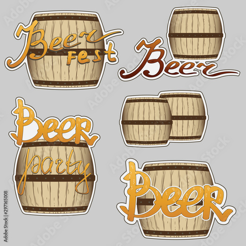 vector set of large wooden barrels brown. calligraphy inscriptions: beer, fest, party