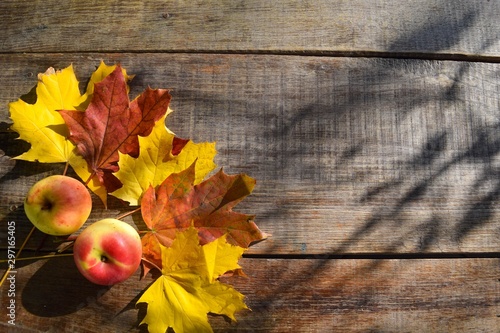 Картината върху платно Apple and autumn leaves on old grungle wooden background