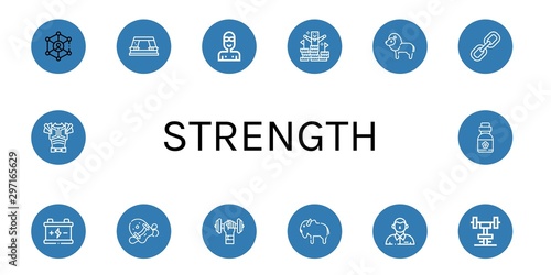 Set of strength icons such as Link, Paper punch, Swimmer, Peak, Lion, Battery, Pool kickboard, Dumbbell, Bison, Defendant, Gym, Armor, Vitamins , strength