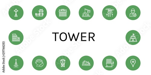 Set of tower icons such as Space needle, Belem tower, Brandenburg gate, Oil well, Las vegas, Lifeguard, Kremlin, Water tower, Sydney opera house, Fuel, Airport, Coliseum ,