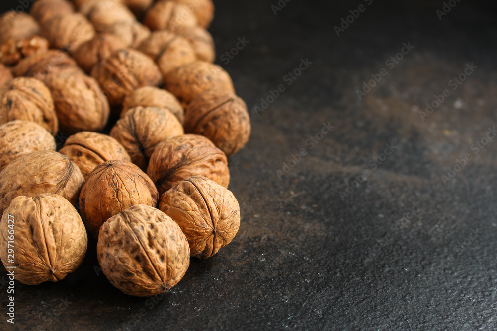 Walnuts, tasty and healthy (whole nuts) menu concept. food background. copy space. Top view Walnuts, tasty and healthy (whole nuts) menu concept. food background. copy space. Top view