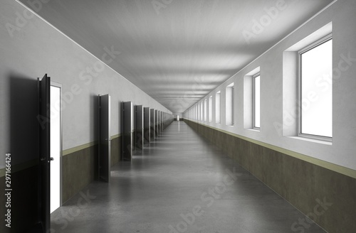 long corridor with doors, interior visualization, 3D illustration