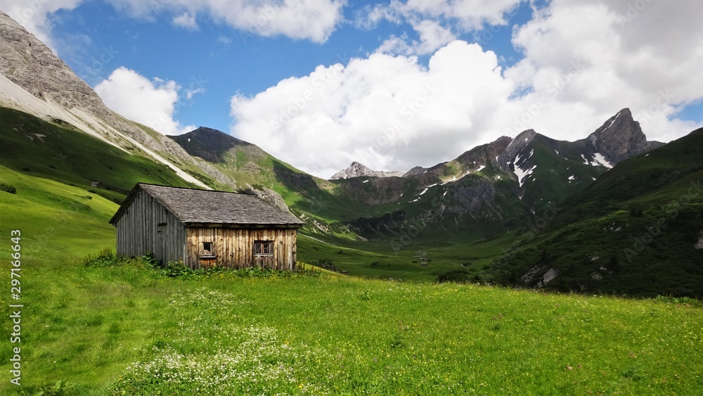 ancient wooden hut on green meadow in the alps of austria