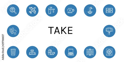 Set of take icons such as Coffee cup, Airplane, Faucet, Instant coffee, Paper cup, Pizza box, Break, Selfie stick , take