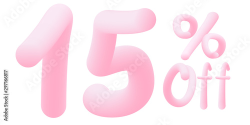 15% off Numbers made of chewing gum for design selling poster / banner promotion . Bubble Gum text. Isolated on white background. Vector 3d font . Discount tag , advertising , special offer .