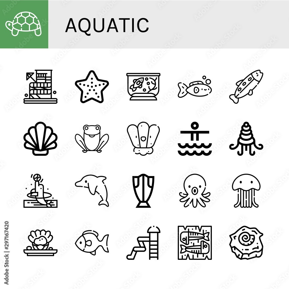 Set of aquatic icons such as Turtle, Waterpark, Starfish, Fish tank, Fish, Trout, Shell, Frog, Shellfish, Dolphin, Cod, Octopus, Jellyfish, Mackerel , aquatic