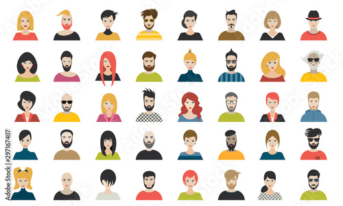 Female an male avatar heads. Various type of women and men faces. Vector.