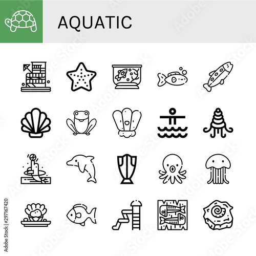 Fototapeta Set of aquatic icons such as Turtle, Waterpark, Starfish, Fish tank, Fish, Trout