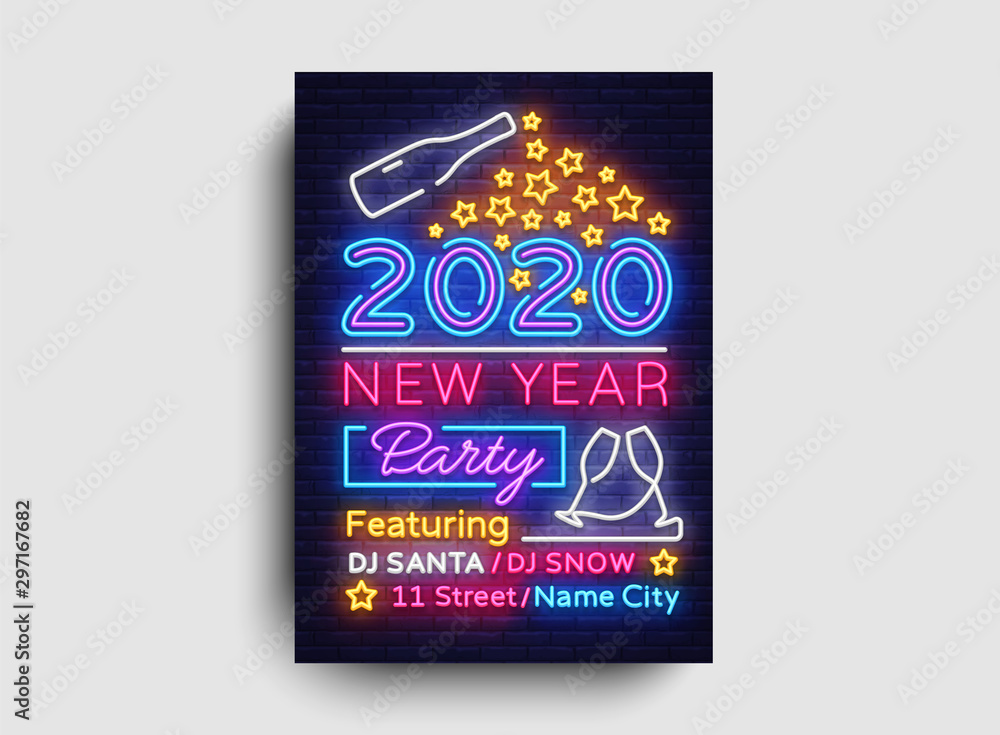 Happy New Year 2020 Party Neon Poster Vector. New year Party neon invitation, design template, modern trend design, Christmas celebretion, night bright advertising, light banner, light art. Vector Happy New Year 2020 Party Neon Poster Vector. New year Party neon invitation, design template, modern trend design, Christmas celebretion, night bright advertising, light banner, light art. Vector