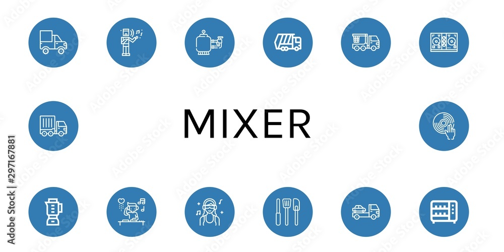 Set of mixer icons such as Cargo truck, Musical, Filter, Garbage truck, Crane truck, Disc jockey, Blender, DJ, Kitchen tools, Toaster , mixer