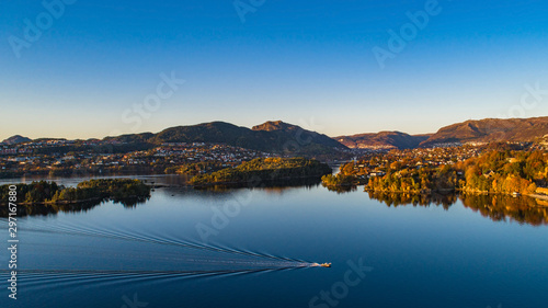 Aerial Bergen city view in autumn evening. Norway.