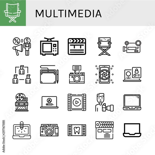 Set of multimedia icons such as Directors chair, Share, Television, Clapper, Director chair, Video recorder, Graphic tablet, Camera, Laptop, Movie theater, Video player , multimedia