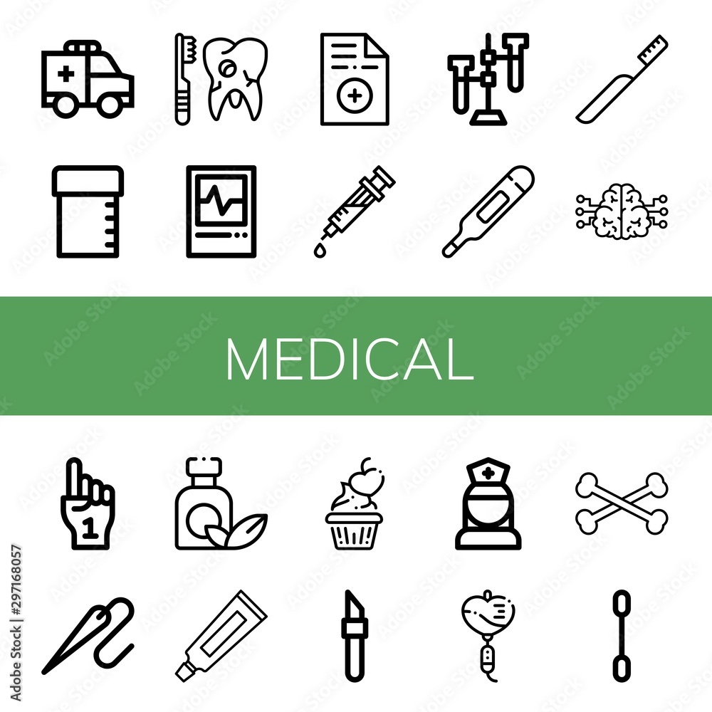 Set of medical icons such as Ambulance, Sample tube, Broken tooth, Ecg, Prescription, Syringe, Test tube, Thermometer, Toothbrush, Brain, Foam hand, Needle, Medicine , medical Set of medical icons such as Ambulance, Sample tube, Broken tooth, Ecg, Prescription, Syringe, Test tube, Thermometer, Toothbrush, Brain, Foam hand, Needle, Medicine , medical