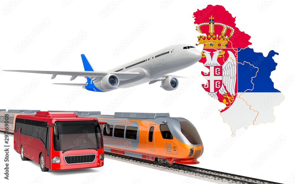 Passenger transportation in Serbia by buses, trains and airplanes, concept. 3D rendering