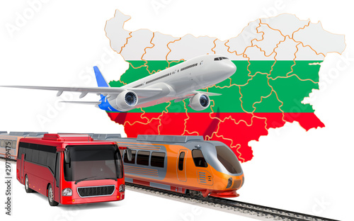 Passenger transportation in Bulgaria by buses, trains and airplanes, concept. 3D rendering