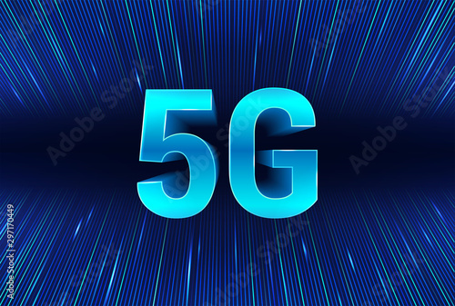 5G technology banner with in big 3D letters 5G internet and data streams on the background. Digital data as lines. Global high speed internet via wireless network concept. Vector illustration  