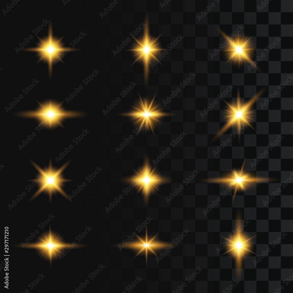 Set of flashes, star burst and sparkles on transparent background. Light effect, golden glowing flash with gold rays and lights. Vector illustration. Set of flashes, star burst and sparkles on transparent background. Light effect, golden glowing flash with gold rays and lights. Vector illustration.