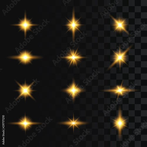 Set of flashes, star burst and sparkles on transparent background. Light effect, golden glowing flash with gold rays and lights. Vector illustration.