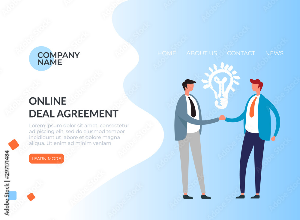 Obraz premium Deal agreement shaking hand web banner poster concept. Vector flat graphic design illustration