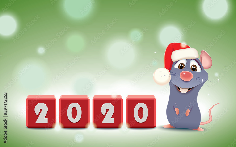Little Blue Rat with Christmas Santa’s Red Cap and cubes with numbers isolated on a green background,Happy New Year 2020 Little Blue Rat with Christmas Santa’s Red Cap and cubes with numbers isolated on a green background,Happy New Year 2020