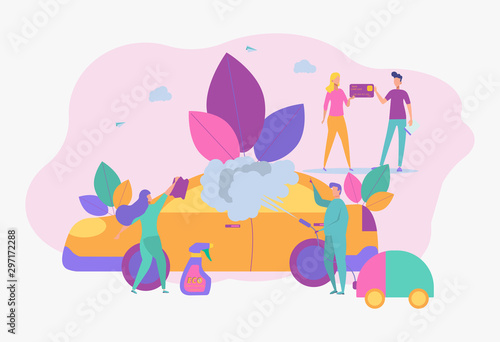 Car wash, car self-service car wash concept. People wash cars. Colorful vector illustration.