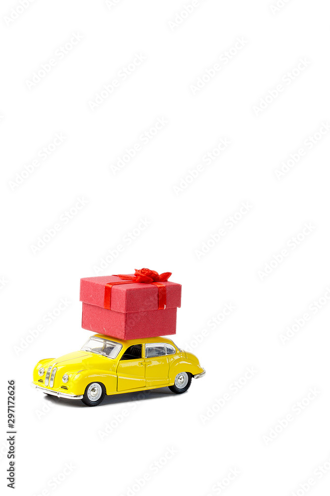Yellow toy car with red color gift box Yellow toy car with red color gift box
