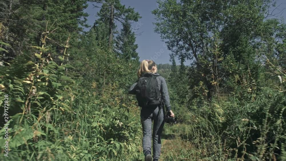 Traveler photographing scenic view in forest. One caucasian woman shooting nice magic look. Girl take photo video on dslr mirrorless camera. Traveler photographing scenic view in forest. One caucasian woman shooting nice magic look. Girl take photo video on dslr mirrorless camera.