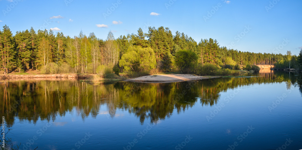 Fototapeta premium Panorama of the spring forest river.