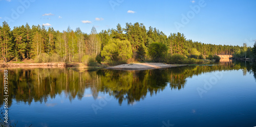 Panorama of the spring forest river.