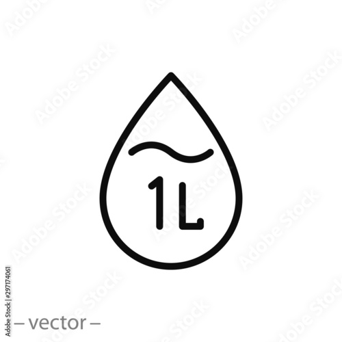 1 liter icon, fluid volume in liters, liquid drop, litre thin line web symbol on white background - editable stroke vector illustration eps 10 photo