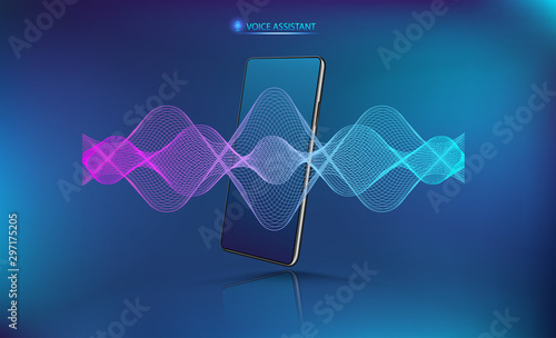 Voice assistant sound wave with smartphone mockup. Microphone voice control technology, voice and sound recognition. Hi-tech AI assistant, background wave flow, equalizer. CellPhone voice helper. 