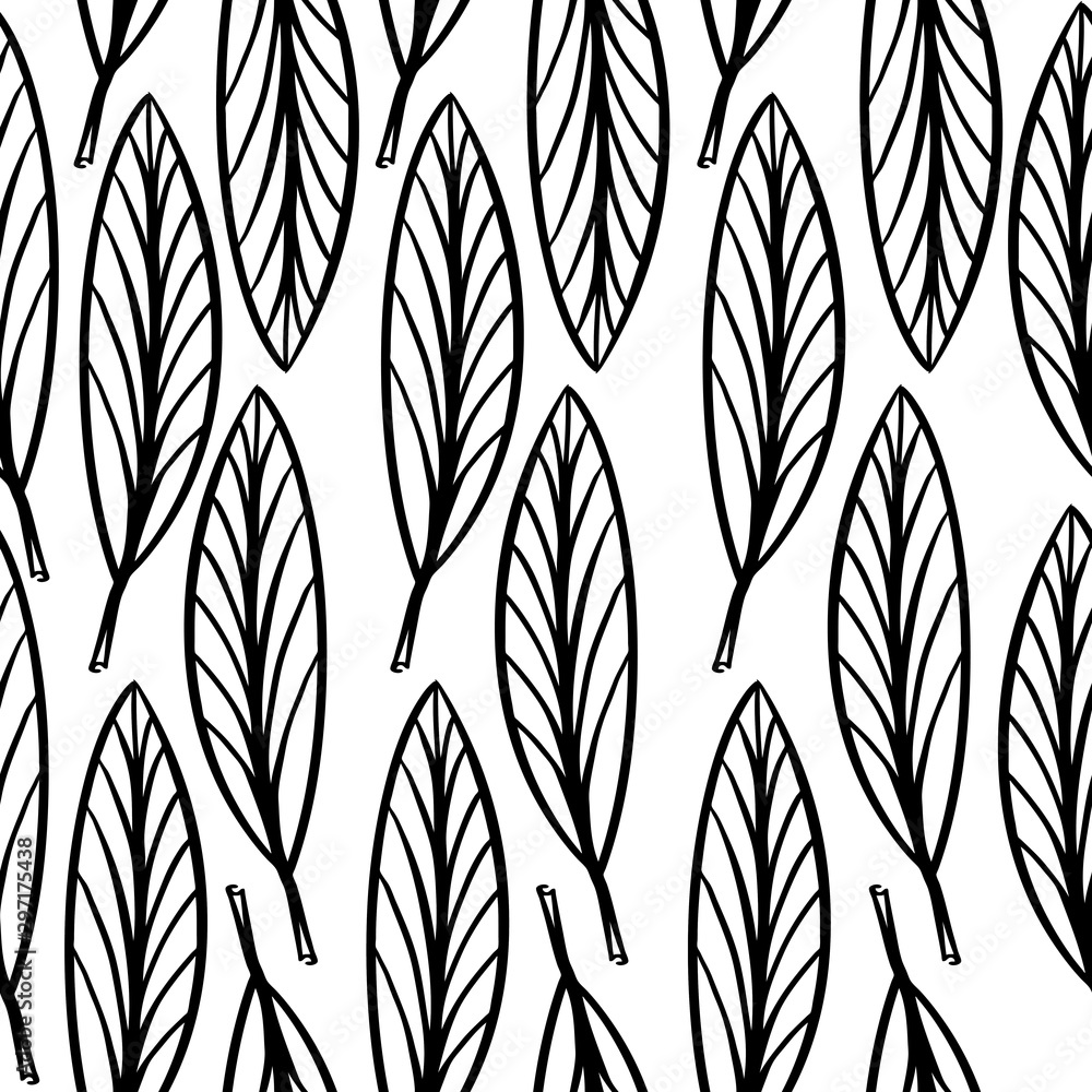 Naklejka premium Seamless pattern from hand drawn leaves, monochrome pattern for fabric and any other print.