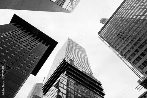Black and white tone, Low angle view of modern skyscrapers, High rise building in downtown district of Frankfurt, Germany. 