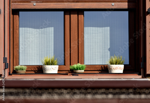 Obraz na plátně wooden window with blind decorated with flower pots