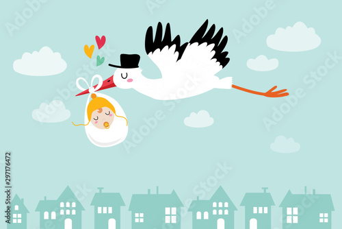 Baby announcement card. baby shower. stork with baby, vector illustration