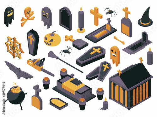 Halloween symbols isometric vector illustrations set. Haunted cemetery design elements, autumn holiday 3d icons pack. Various tombstones, coffins, witch items, crypt, jack lantern and chainsaw