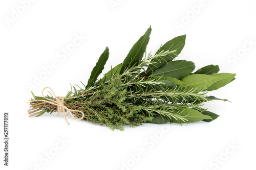 Bouquet garni. Bunch of herbs aromatics isolated on white background