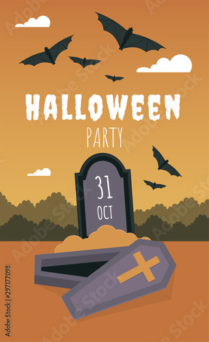 Halloween party flat poster vector template. Seasonal tradition, autumn holiday celebration event advertising flyer, leaflet concept. Spooky tombstone with open coffin illustration with typography