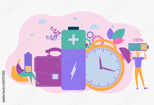 Battery life and durability with a charge and time indicator. Battery life, long battery life concept. Colorful vector illustration