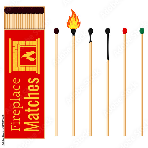 Long fireplace red matchbox and match sticks varying degrees of burning flat design icon set.