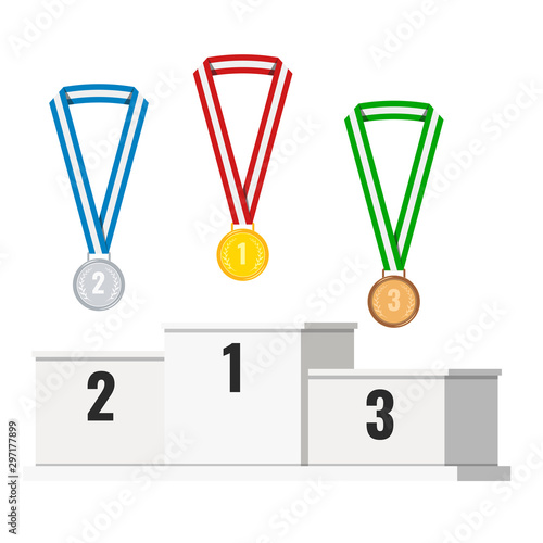 Set of white winner podium with number, golden, silver, bronze medals with stripped ribbon isolated on white background.