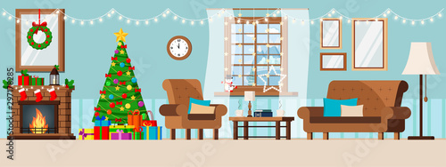 Cozy new year interior wall christmas decorated living room with window with winter landscape in flat cartoon style.