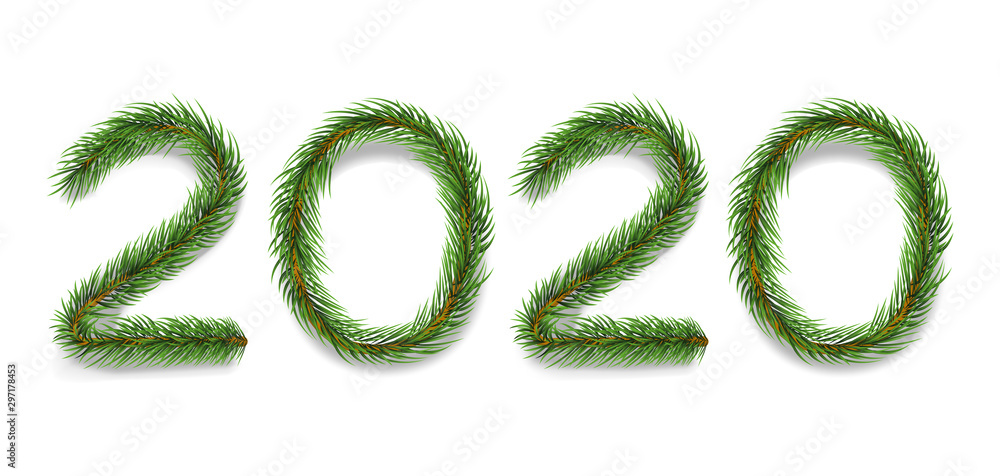 Fir tree branches realistic vector illustration. Evergreen spruce twigs in 2020 number shape isolated on white background. Traditional winter holiday, christmas banner, postcard design element Fir tree branches realistic vector illustration. Evergreen spruce twigs in 2020 number shape isolated on white background. Traditional winter holiday, christmas banner, postcard design element