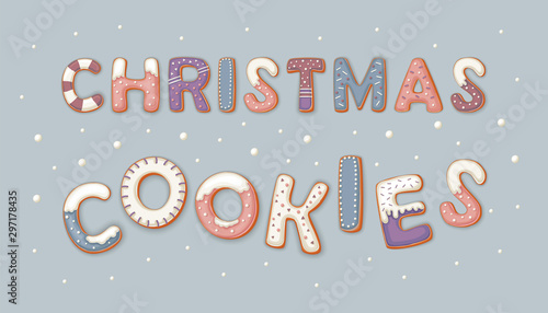 Christmas cookies vector illustration with gingerbread cookie letters in cartoon style on blue background.