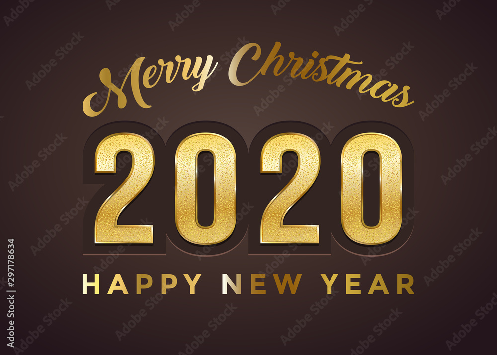 Fototapeta Merry christmas greeting card vector template. Traditional december holiday postcard, festive banner luxurious design. Golden 2020 number on brown background realistic illustration with typography