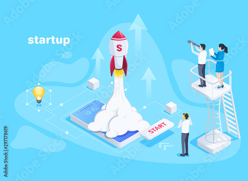 isometric vector image on a blue background, people watch a rocket take off from a smartphone screen, business startup